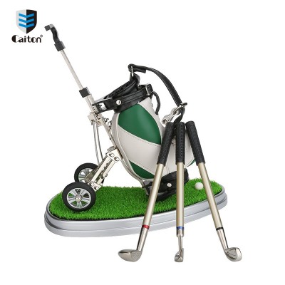 Custom green grass base 3-piece set mini golf cart pen holder with golf pens clock